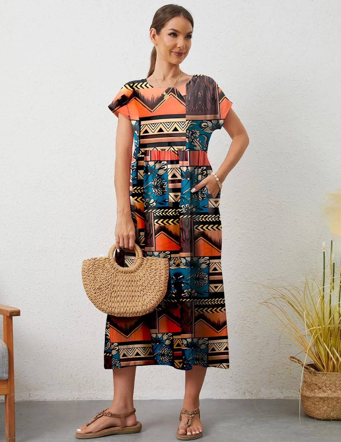 Women's Summer Dresses Maxi Casual Cap Sleeve Crewneck A Line Flowy Swing Beach Sundress with Pockets