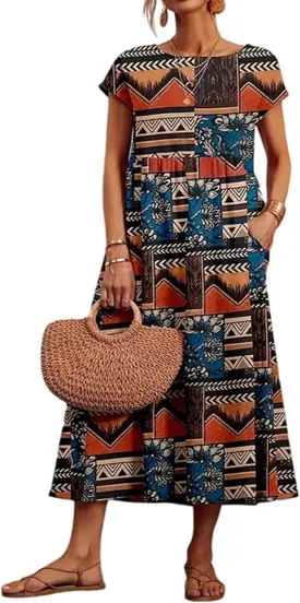 Women's Summer Dresses Maxi Casual Cap Sleeve Crewneck A Line Flowy Swing Beach Sundress with Pockets