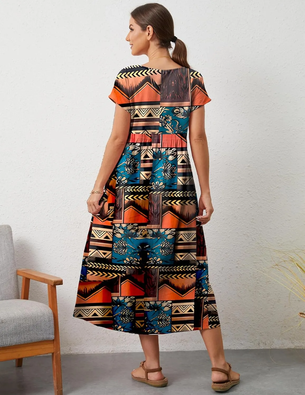 Women's Summer Dresses Maxi Casual Cap Sleeve Crewneck A Line Flowy Swing Beach Sundress with Pockets