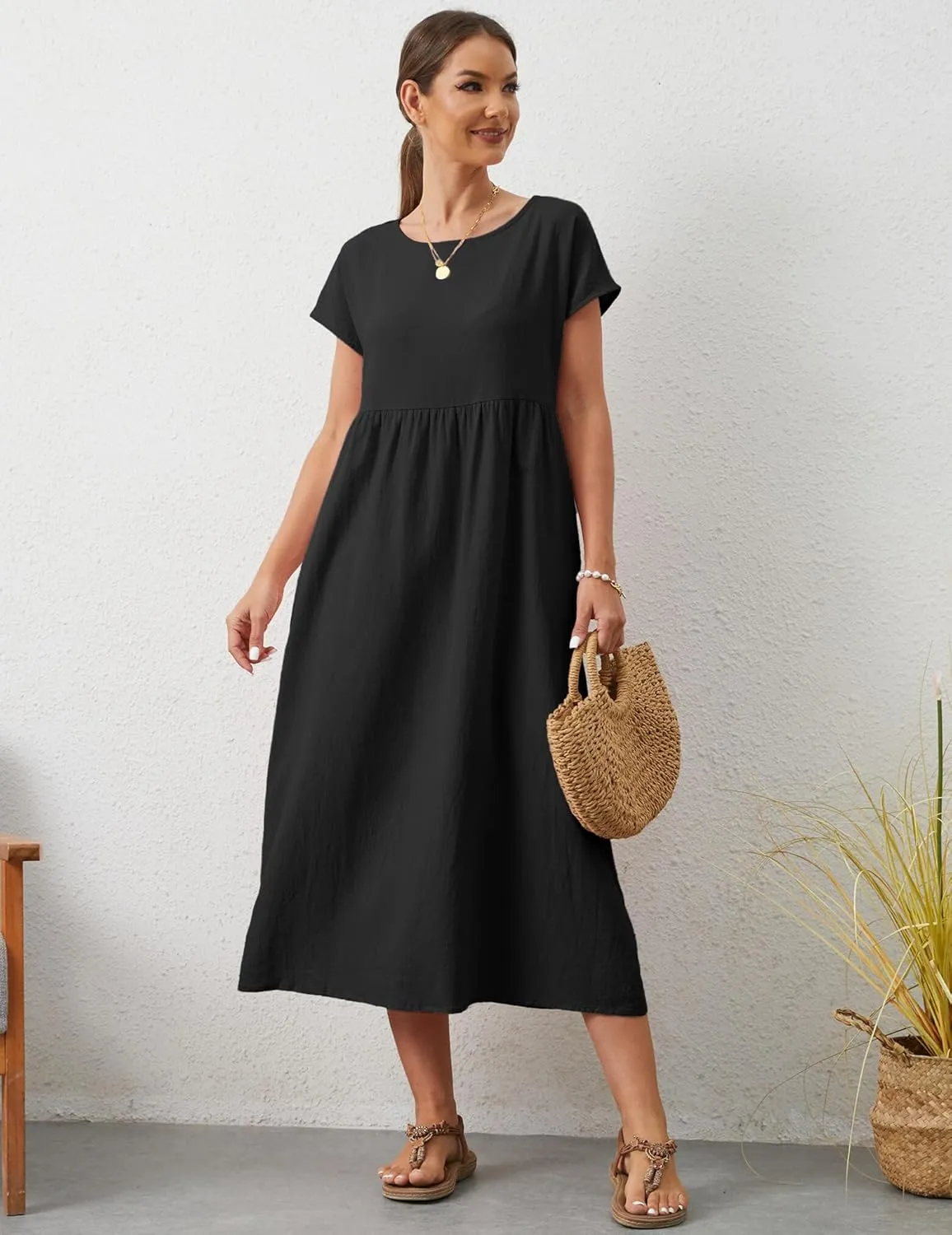 Women's Summer Dresses Maxi Casual Cap Sleeve Crewneck A Line Flowy Swing Beach Sundress with Pockets