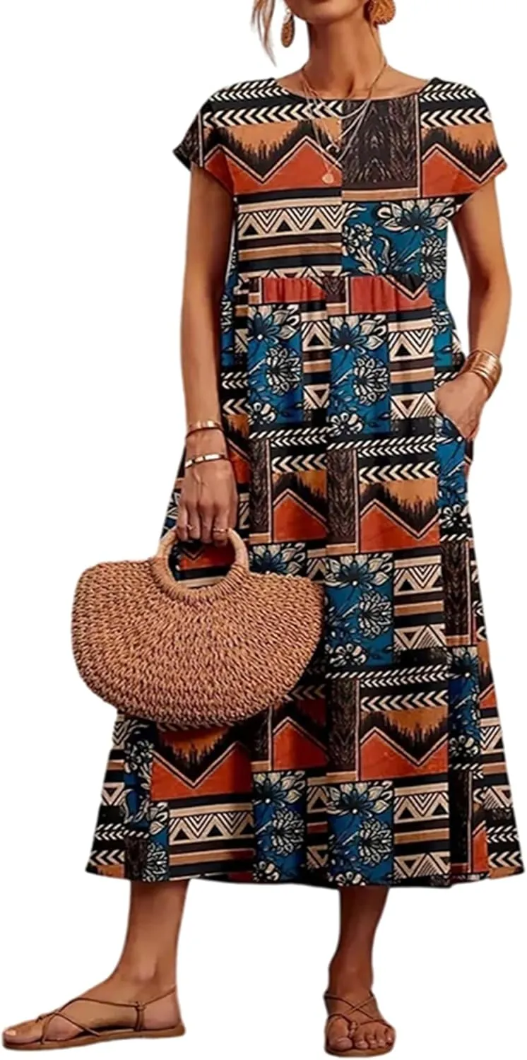 Women's Summer Dresses Maxi Casual Cap Sleeve Crewneck A Line Flowy Swing Beach Sundress with Pockets
