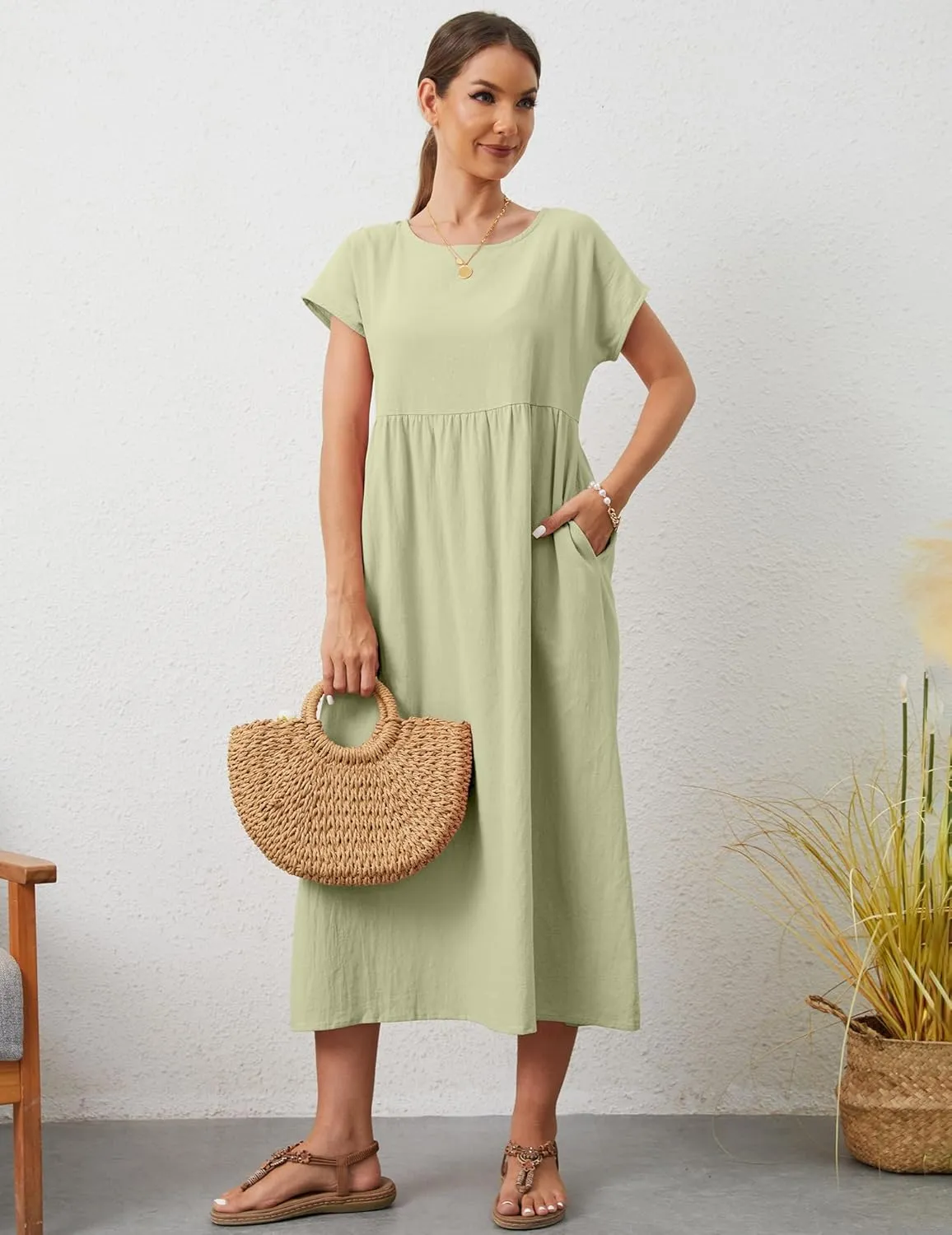Women's Summer Dresses Maxi Casual Cap Sleeve Crewneck A Line Flowy Swing Beach Sundress with Pockets