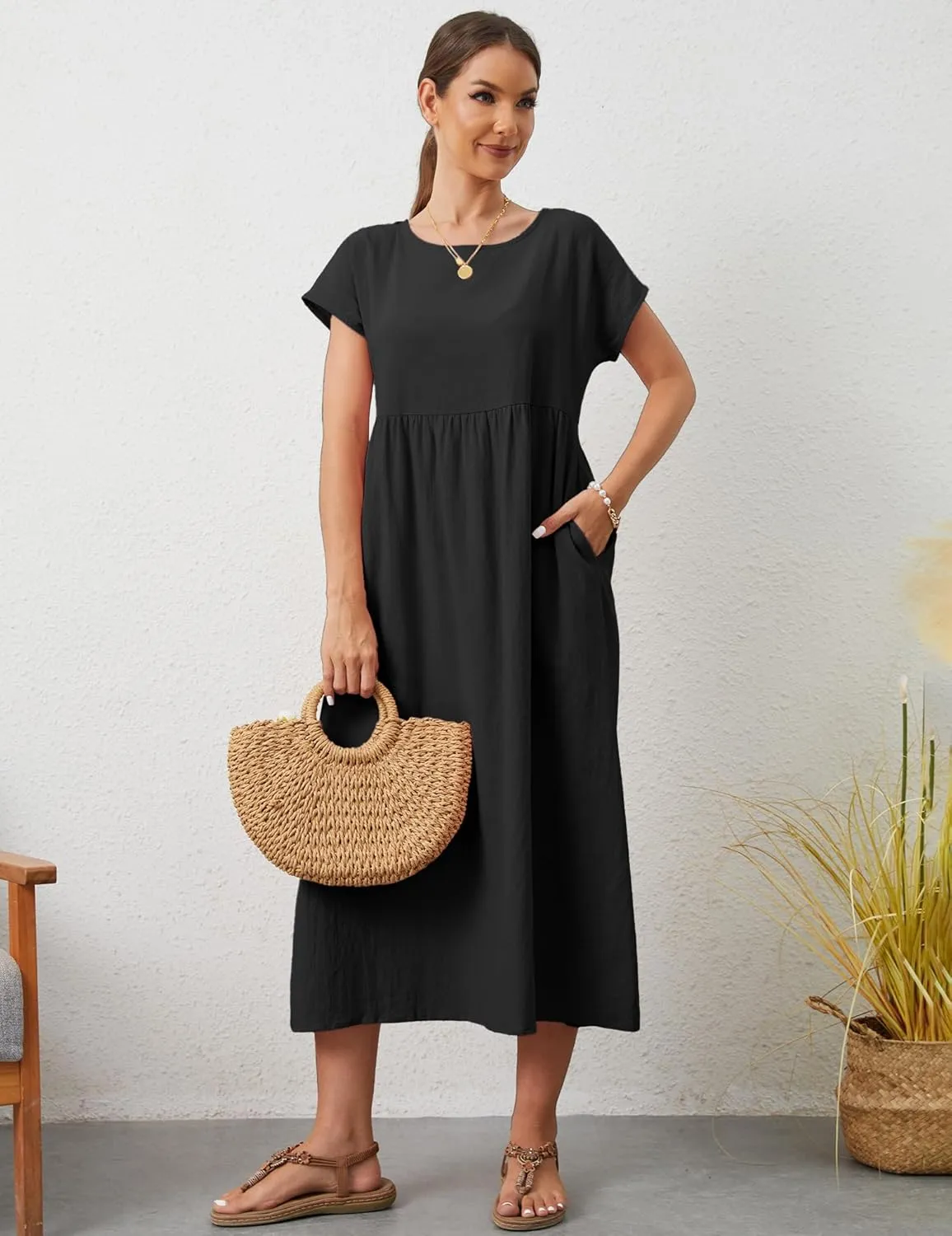 Women's Summer Dresses Maxi Casual Cap Sleeve Crewneck A Line Flowy Swing Beach Sundress with Pockets