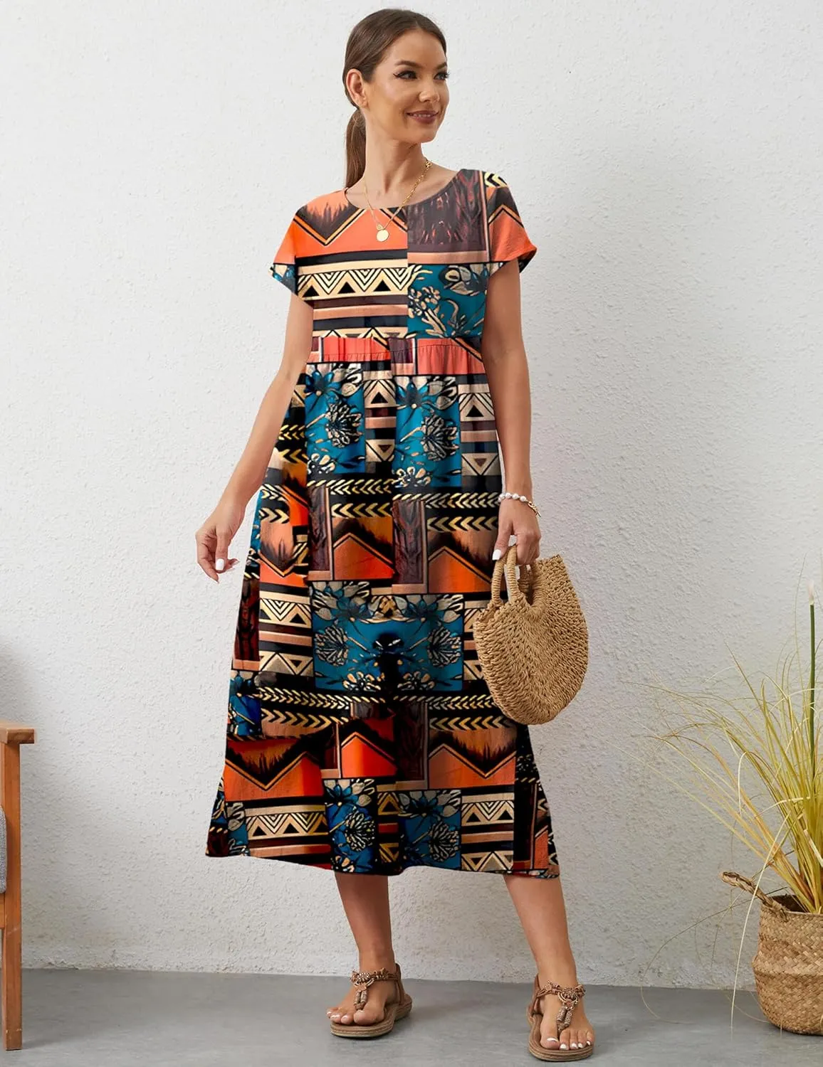 Women's Summer Dresses Maxi Casual Cap Sleeve Crewneck A Line Flowy Swing Beach Sundress with Pockets