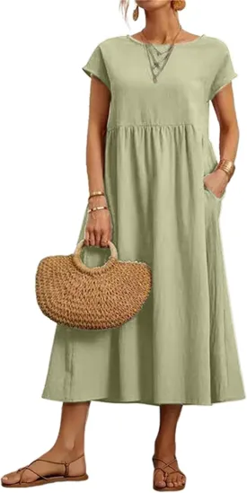 Women's Summer Dresses Maxi Casual Cap Sleeve Crewneck A Line Flowy Swing Beach Sundress with Pockets