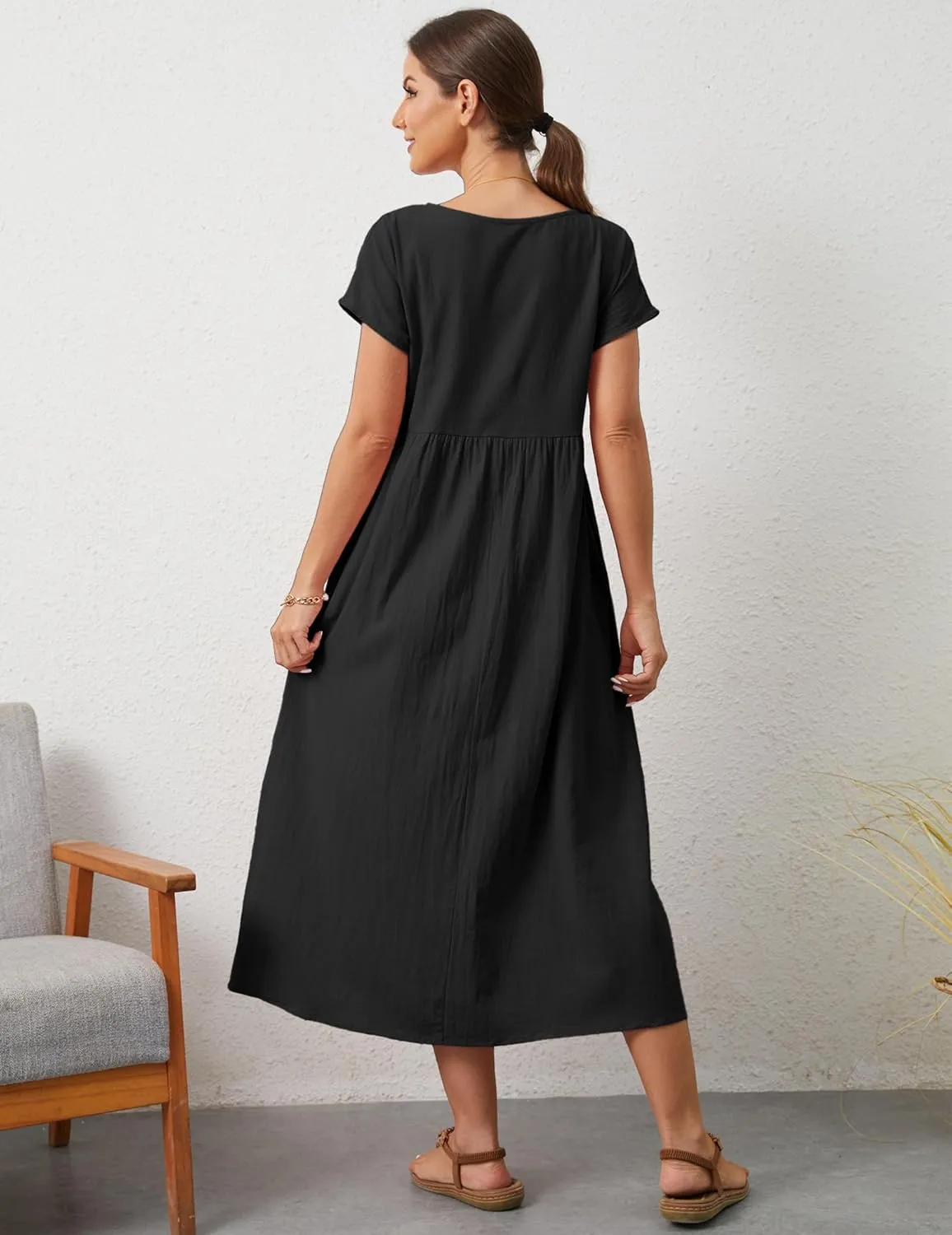 Women's Summer Dresses Maxi Casual Cap Sleeve Crewneck A Line Flowy Swing Beach Sundress with Pockets