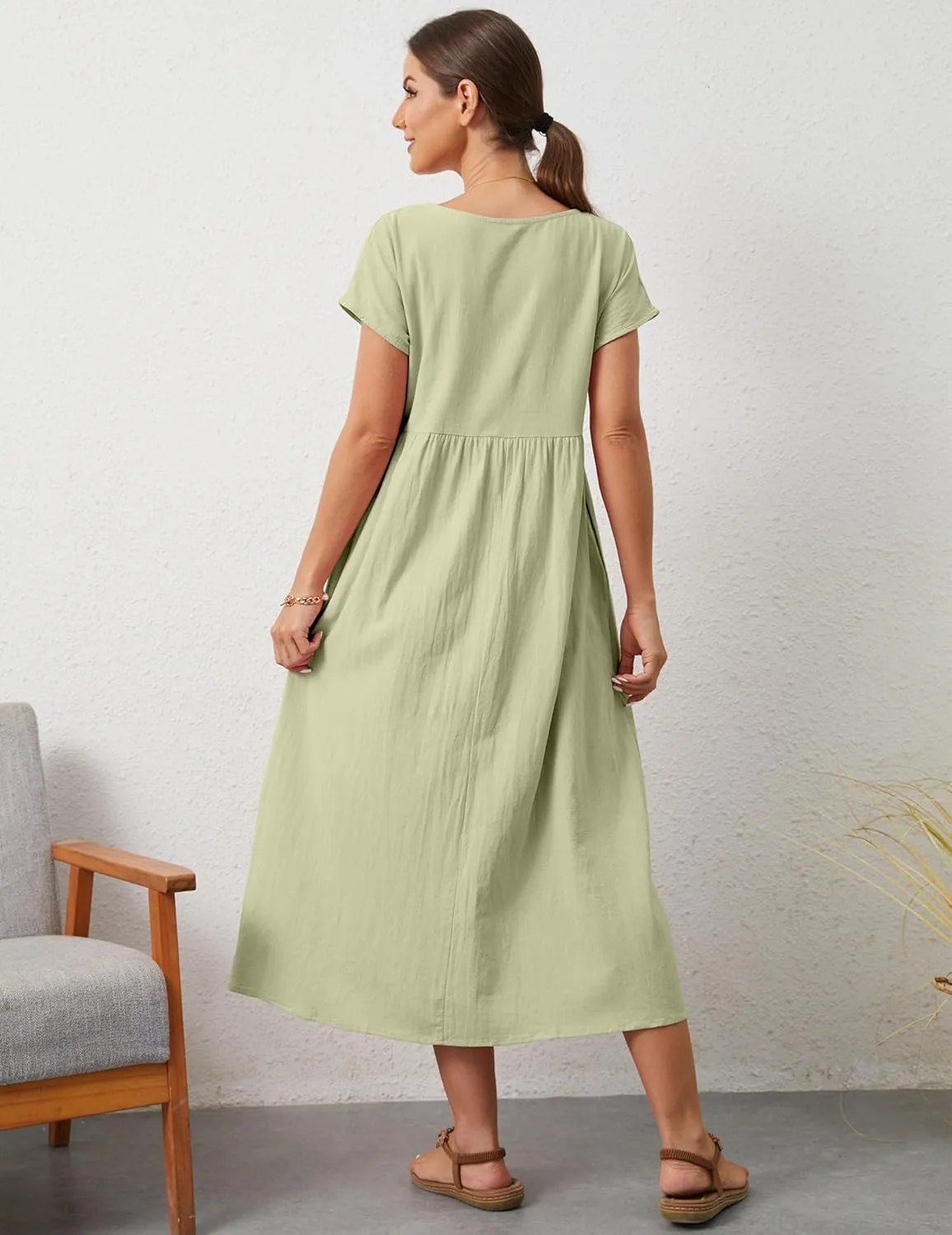 Women's Summer Dresses Maxi Casual Cap Sleeve Crewneck A Line Flowy Swing Beach Sundress with Pockets