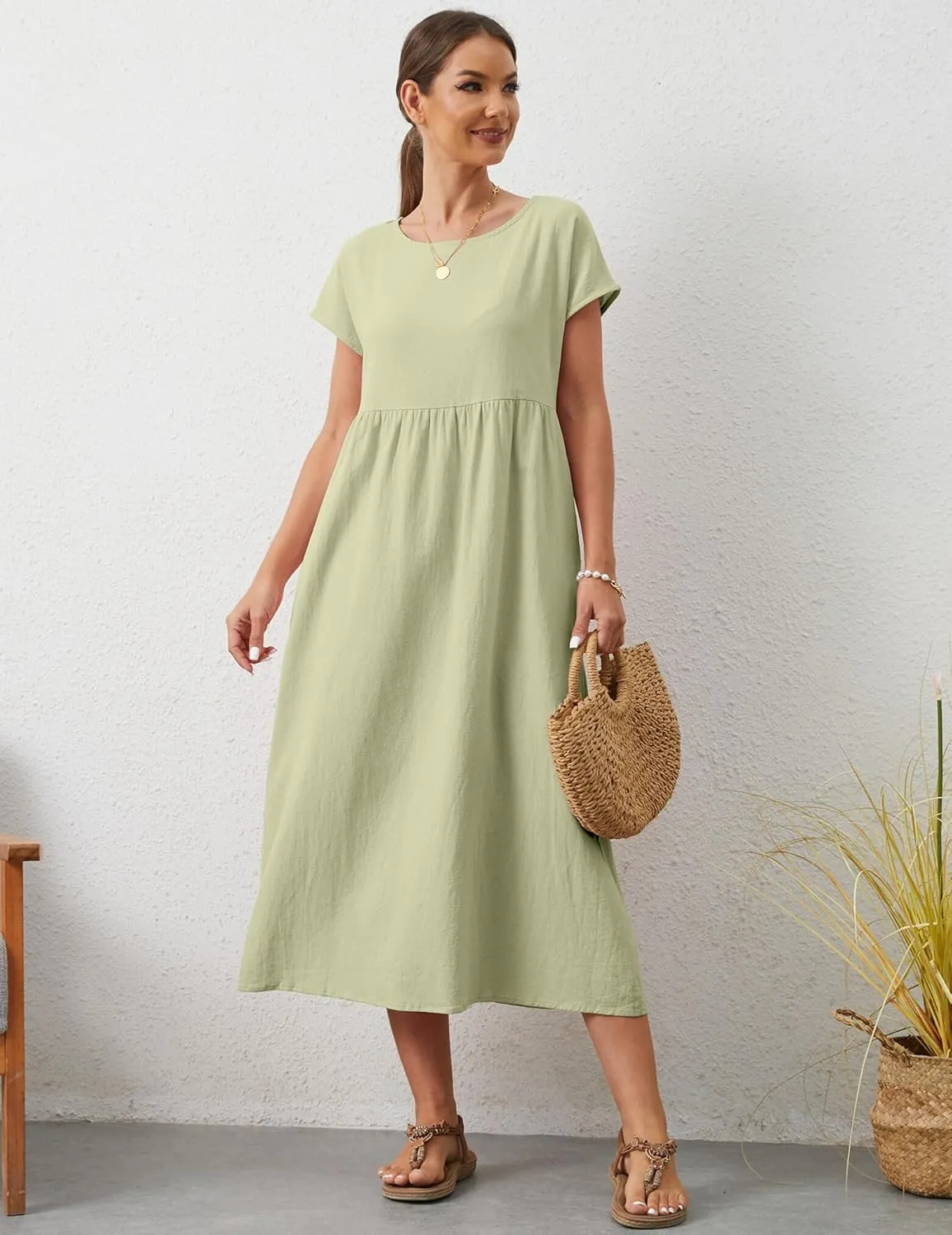 Women's Summer Dresses Maxi Casual Cap Sleeve Crewneck A Line Flowy Swing Beach Sundress with Pockets