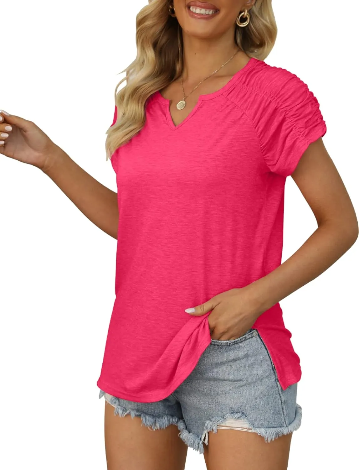 XIEERDUO Womens Summer Tops Casual V Neck T Shirts Short Sleeve Shirts Loose Fit Flowy