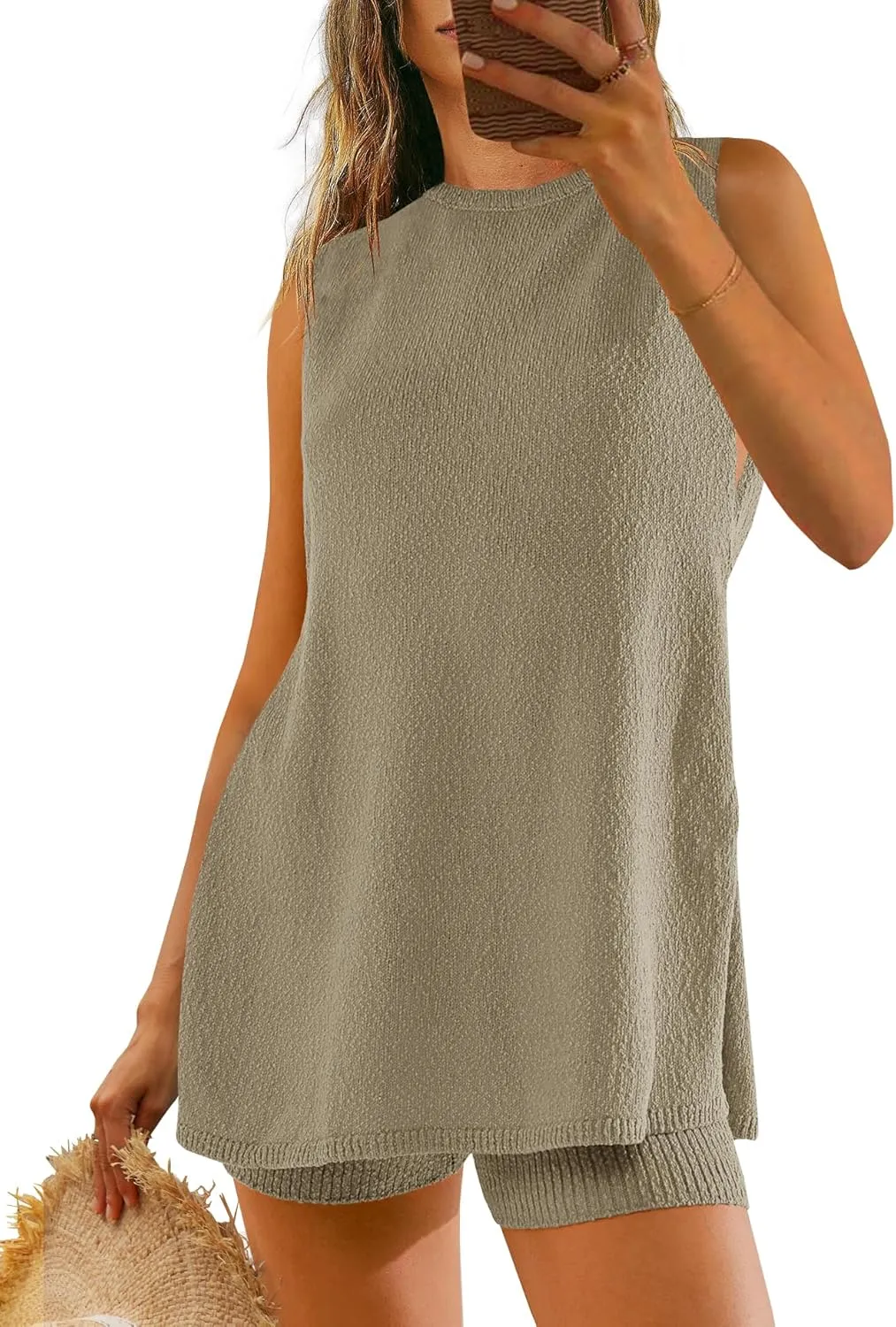 Yanekop Womens Summer Knit Lounge Sets Sleeveless Sweater Set 2 Piece Outfit Sets Matching Sets Loungewear