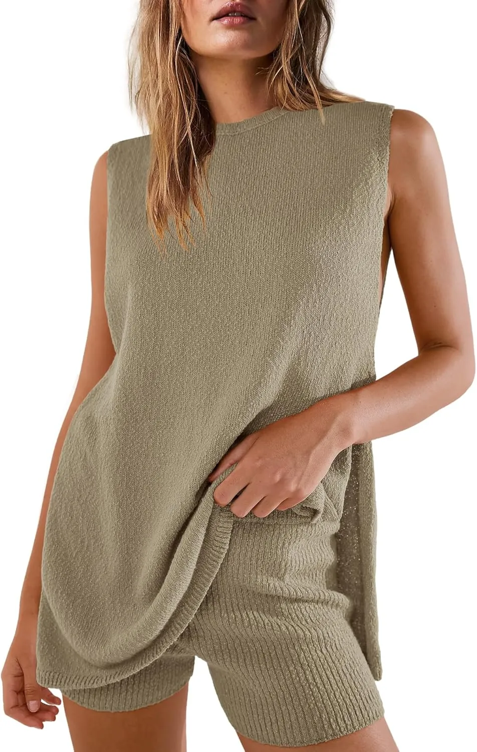 Yanekop Womens Summer Knit Lounge Sets Sleeveless Sweater Set 2 Piece Outfit Sets Matching Sets Loungewear