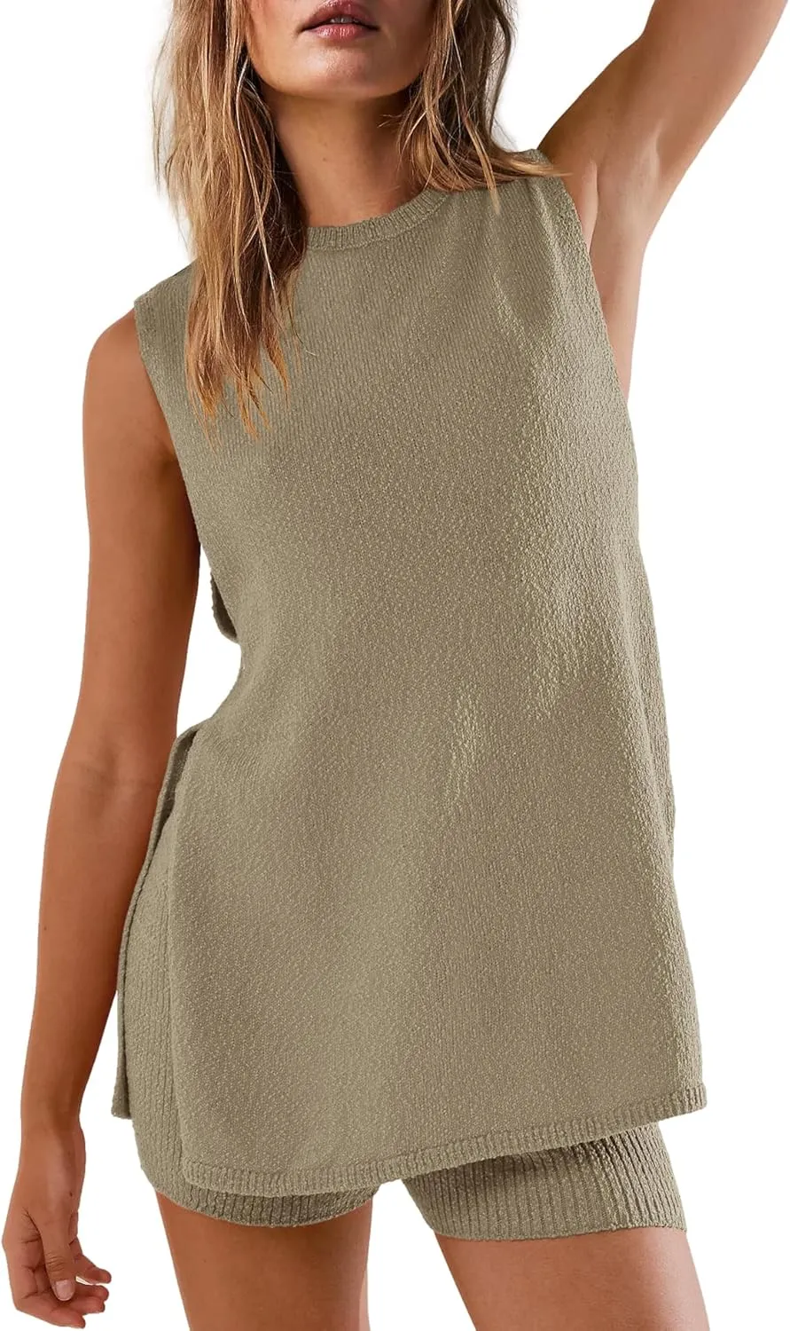 Yanekop Womens Summer Knit Lounge Sets Sleeveless Sweater Set 2 Piece Outfit Sets Matching Sets Loungewear