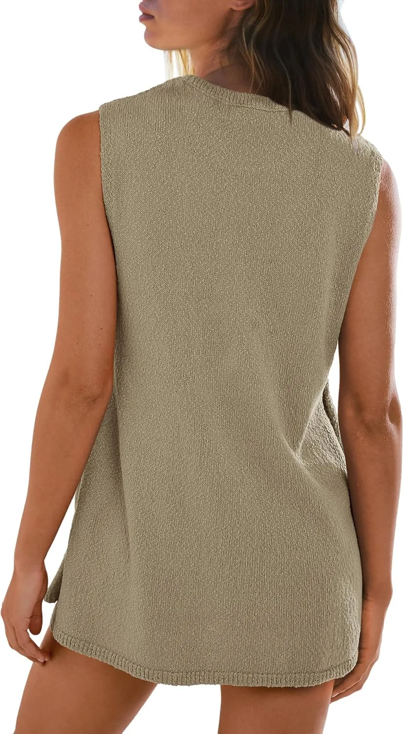 Yanekop Womens Summer Knit Lounge Sets Sleeveless Sweater Set 2 Piece Outfit Sets Matching Sets Loungewear
