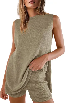 Yanekop Womens Summer Knit Lounge Sets Sleeveless Sweater Set 2 Piece Outfit Sets Matching Sets Loungewear