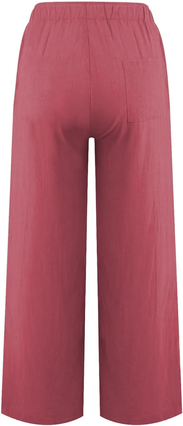 YOCUR Women Wide Leg Flowy Drawstring Palazzo Linen Pants Beach Casual Elastic High Waisted Loose Trousers