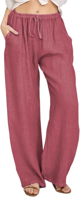 YOCUR Women Wide Leg Flowy Drawstring Palazzo Linen Pants Beach Casual Elastic High Waisted Loose Trousers