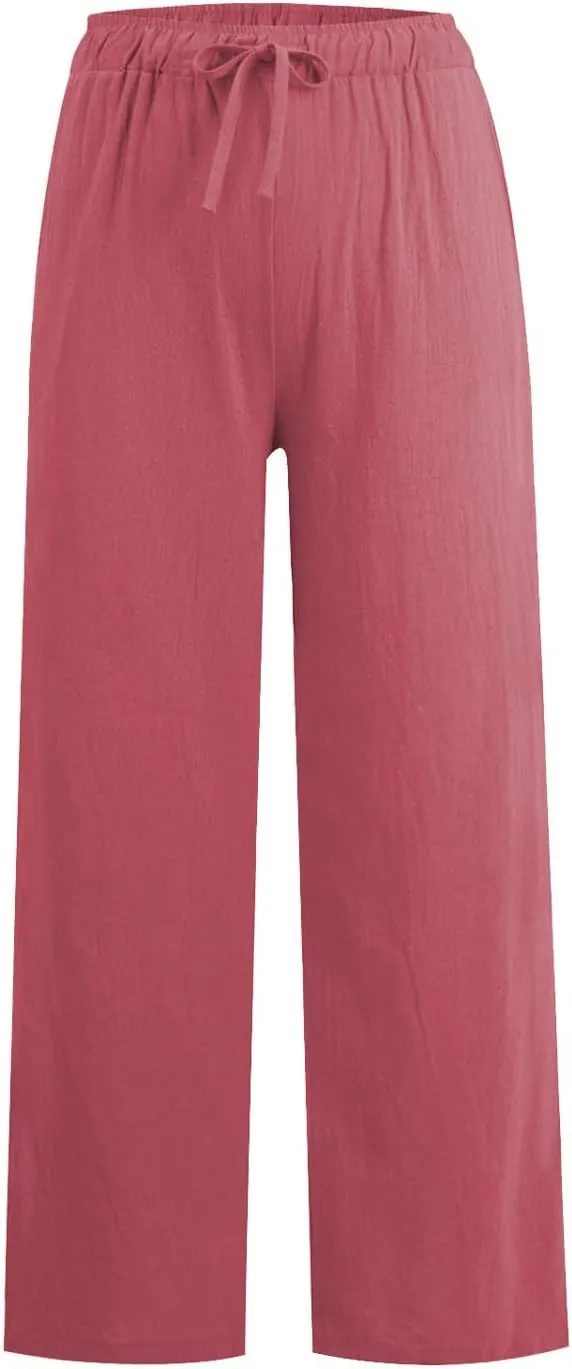 YOCUR Women Wide Leg Flowy Drawstring Palazzo Linen Pants Beach Casual Elastic High Waisted Loose Trousers