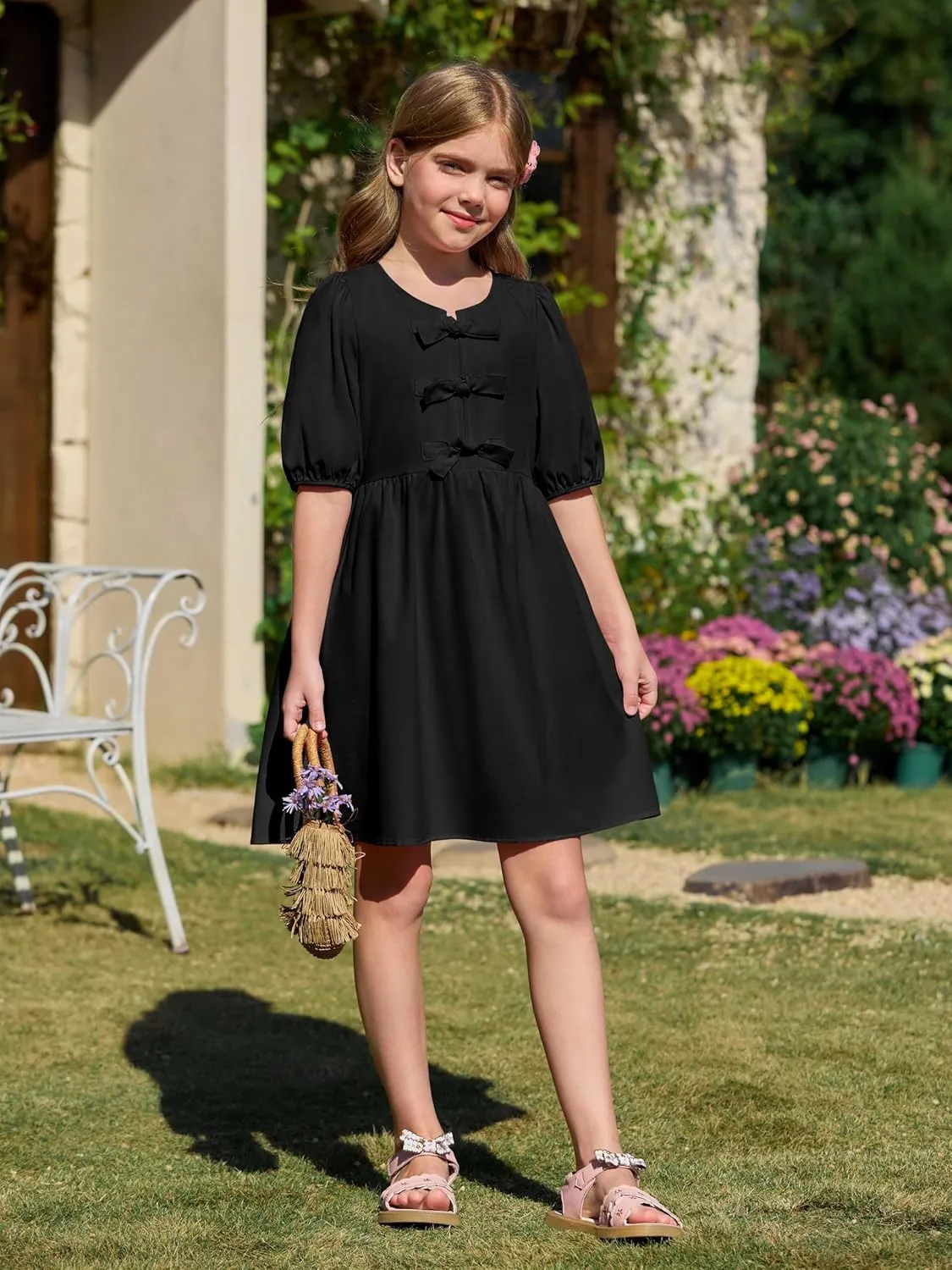 Yousify Girls Summer Dresses Cute Toddler Puff Short Sleeve Dresses A-Lined Flowy Trendy Bow tie Mini Dress Kids Outfits