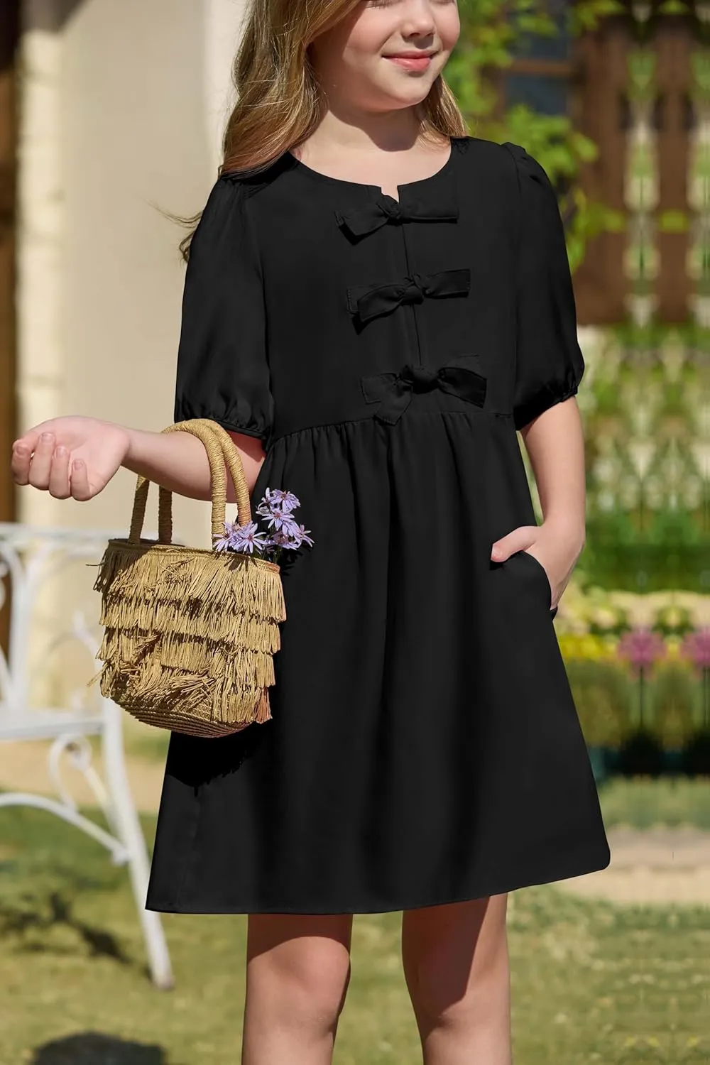 Yousify Girls Summer Dresses Cute Toddler Puff Short Sleeve Dresses A-Lined Flowy Trendy Bow tie Mini Dress Kids Outfits