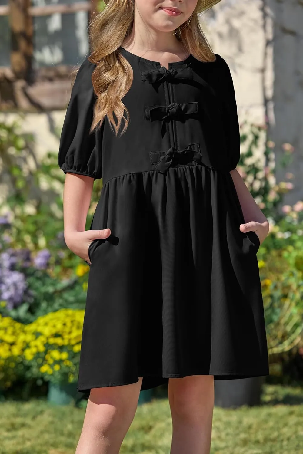 Yousify Girls Summer Dresses Cute Toddler Puff Short Sleeve Dresses A-Lined Flowy Trendy Bow tie Mini Dress Kids Outfits
