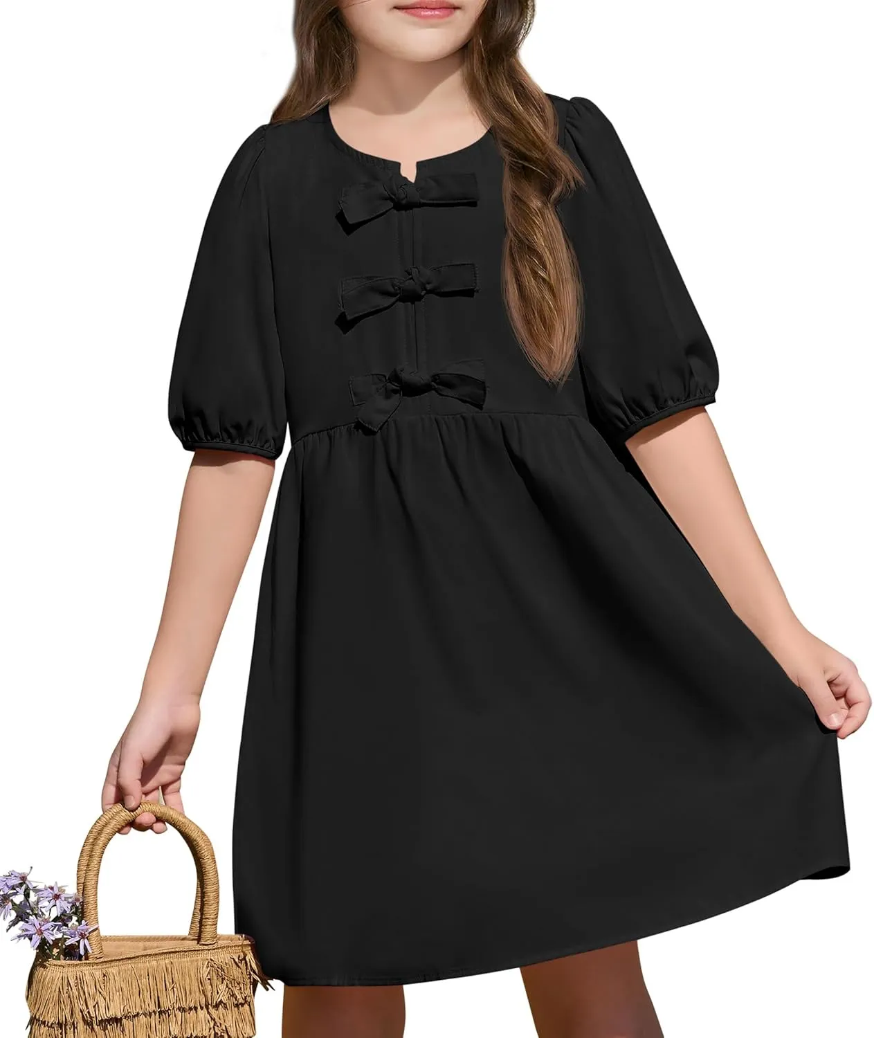 Yousify Girls Summer Dresses Cute Toddler Puff Short Sleeve Dresses A-Lined Flowy Trendy Bow tie Mini Dress Kids Outfits