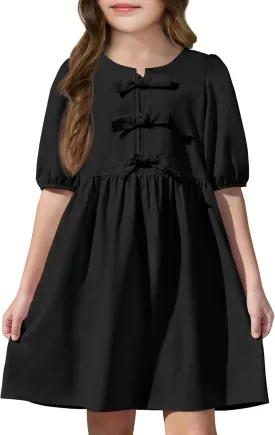 Yousify Girls Summer Dresses Cute Toddler Puff Short Sleeve Dresses A-Lined Flowy Trendy Bow tie Mini Dress Kids Outfits