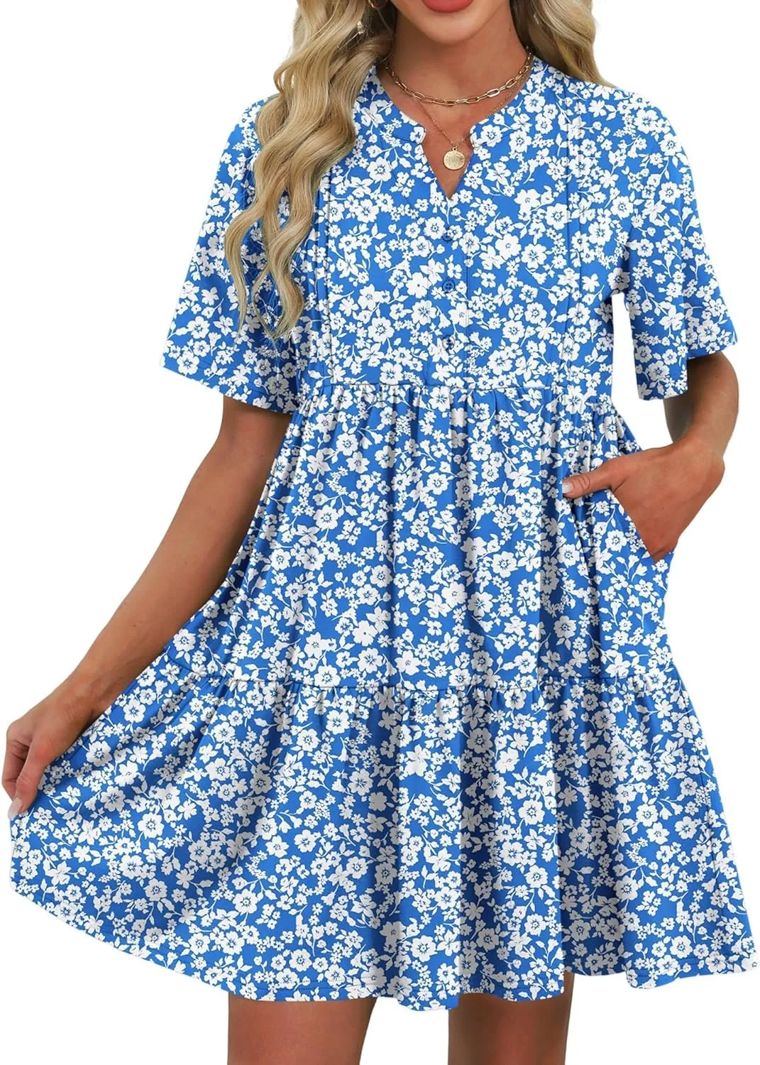 ZAFUL Womens Summer Dress 2025 Short Seeve V Neck Casual Beach Aline Tiered Mini Dress with Pockets