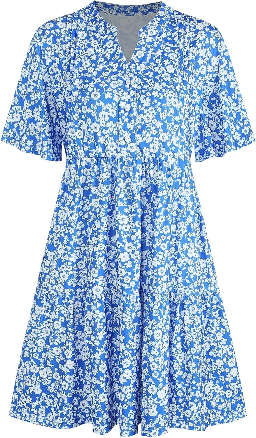 ZAFUL Womens Summer Dress 2025 Short Seeve V Neck Casual Beach Aline Tiered Mini Dress with Pockets