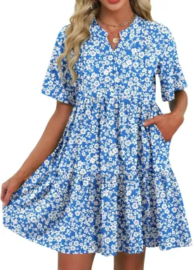 ZAFUL Womens Summer Dress 2025 Short Seeve V Neck Casual Beach Aline Tiered Mini Dress with Pockets