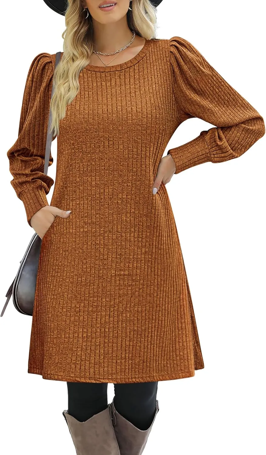Zeagoo Women's Knit Dress with Puff Sleeves for Fall & Winter - Round Neck Casual Tunic Dress