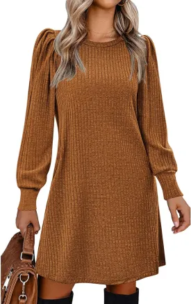 Zeagoo Women's Knit Dress with Puff Sleeves for Fall & Winter - Round Neck Casual Tunic Dress