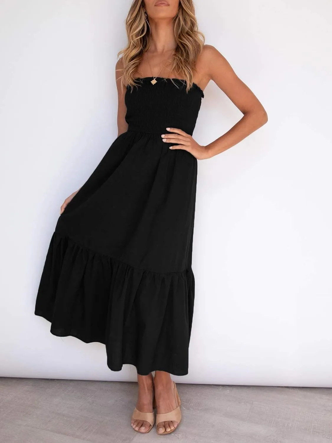 ZESICA Women's Summer Strapless Dress Off Shoulder Sleeveless High Waist Solid Color Beach Long Dresses