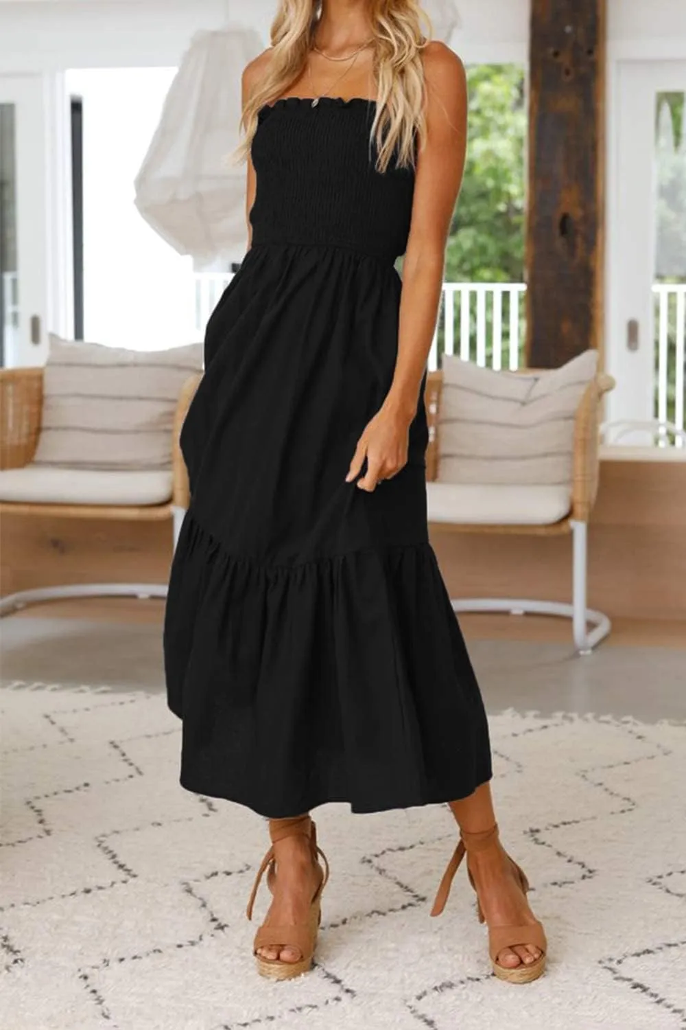 ZESICA Women's Summer Strapless Dress Off Shoulder Sleeveless High Waist Solid Color Beach Long Dresses